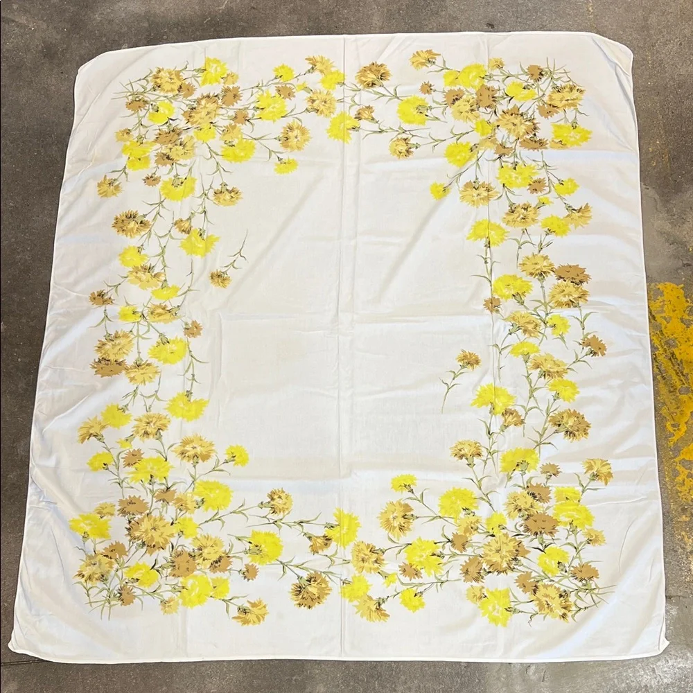 Vintage Floral Yellow & tan almost sq tablecloth  very soft & well loved, cotton